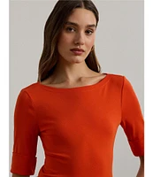 Lauren Ralph Lauren Stretch Cotton Boat Neck Cuffed Elbow Sleeve Top