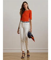 Lauren Ralph Lauren Stretch Cotton Boat Neck Cuffed Elbow Sleeve Top
