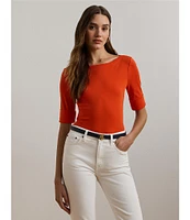 Lauren Ralph Lauren Stretch Cotton Boat Neck Cuffed Elbow Sleeve Top