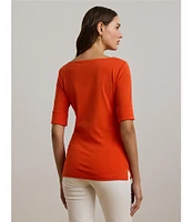 Lauren Ralph Lauren Stretch Cotton Boat Neck Cuffed Elbow Sleeve Top