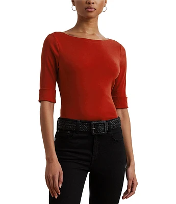 Lauren Ralph Lauren Stretch Cotton Boatneck Elbow-Length Sleeve T-Shirt