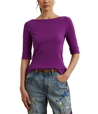 Lauren Ralph Lauren Stretch Cotton Boatneck Elbow-Length Sleeve T-Shirt
