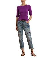 Lauren Ralph Lauren Stretch Cotton Boatneck Elbow-Length Sleeve T-Shirt