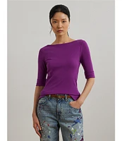 Lauren Ralph Lauren Stretch Cotton Boatneck Elbow-Length Sleeve T-Shirt