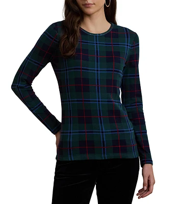 Lauren Ralph Lauren Stretch Cotton Plaid Print Crew Neck Long Sleeve Top