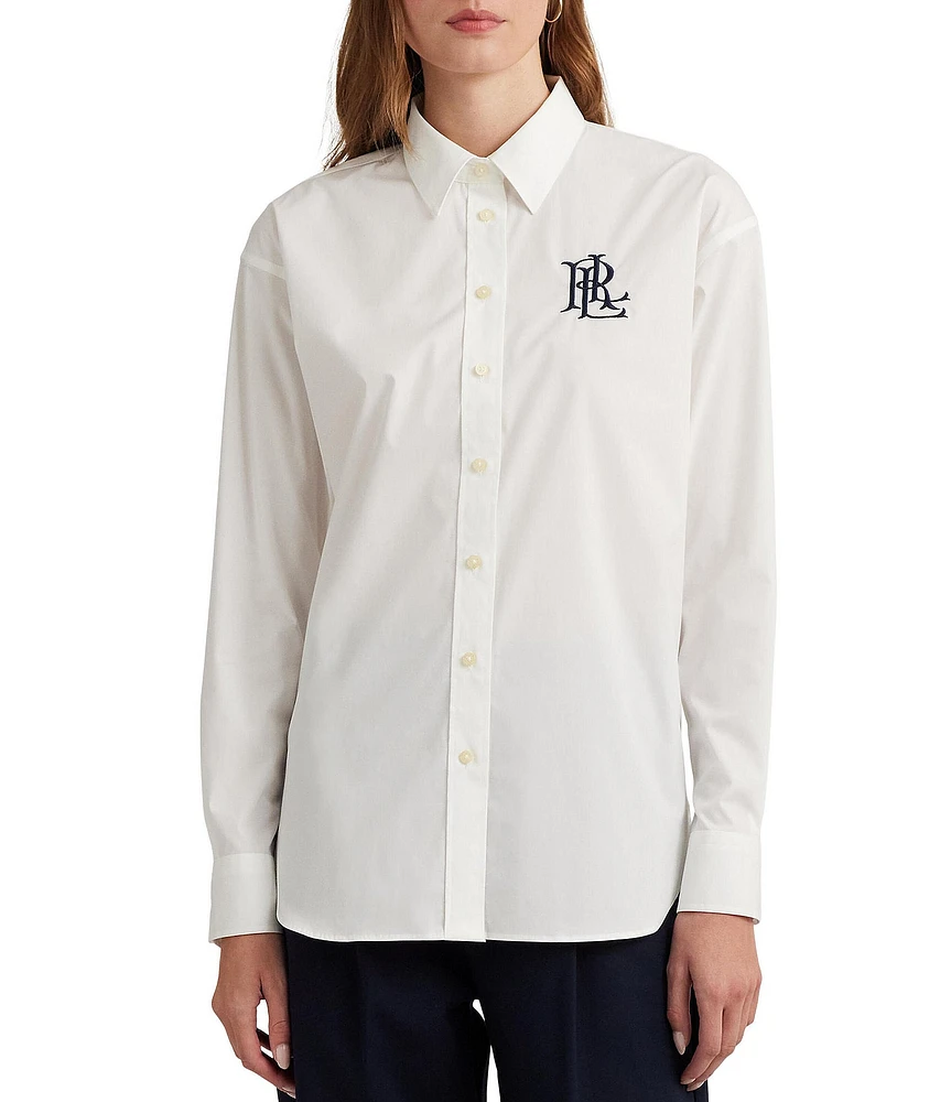Lauren Ralph Lauren Stretch Cotton Point Collar Long Sleeve Embroidered Logo Shirt