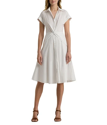Lauren Ralph Lauren Stretch Cotton Point Collar Neck Short Sleeve Front Twist Button Front Midi Dress