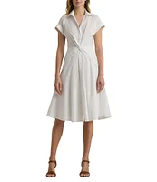 Lauren Ralph Lauren Stretch Cotton Point Collar Neck Short Sleeve Front Twist Button Front Midi Dress