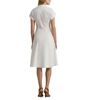 Lauren Ralph Lauren Stretch Cotton Point Collar Neck Short Sleeve Front Twist Button Front Midi Dress