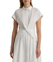 Lauren Ralph Lauren Stretch Cotton Point Collar Neck Short Sleeve Front Twist Button Front Midi Dress