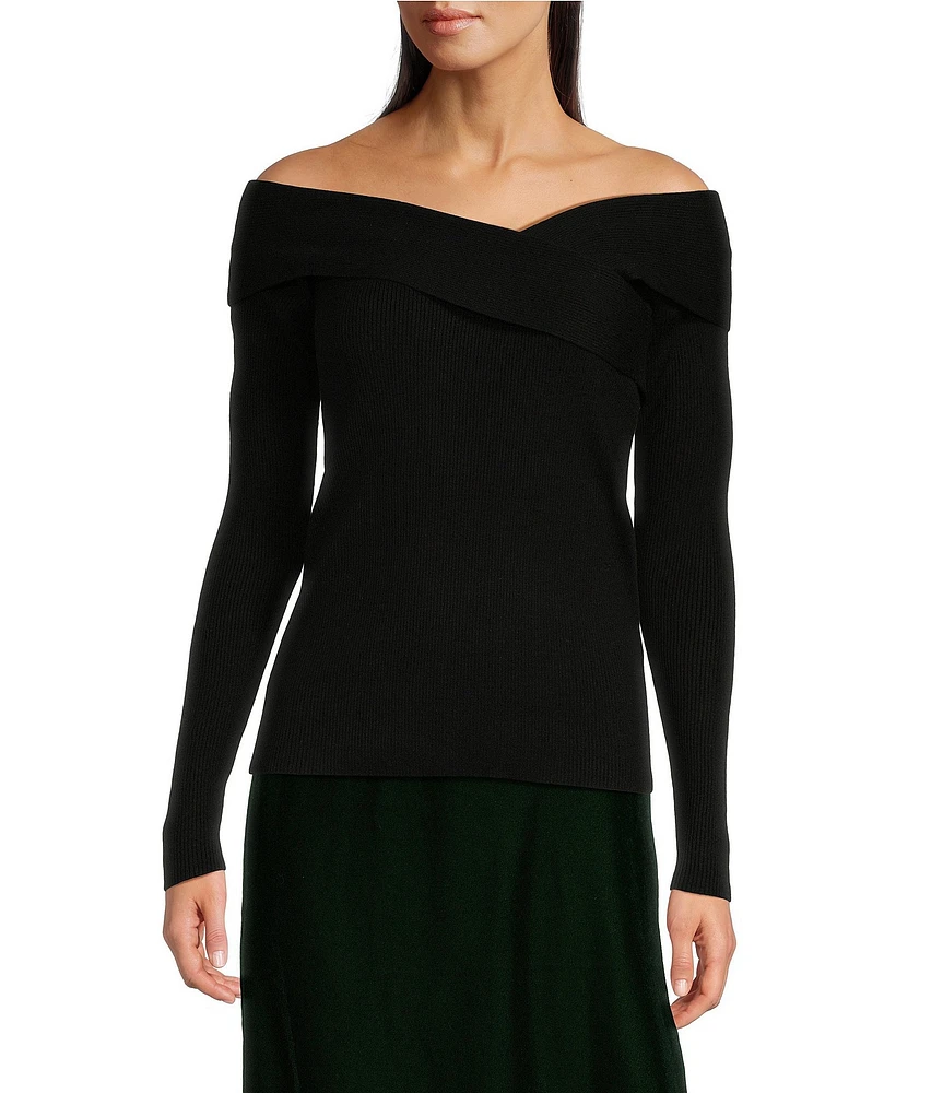 Lauren Ralph Lauren Stretch Cotton Rib-Knit Crisscross Off-The-Shoulder Neck Long Sleeve Slim Fit Top