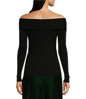 Lauren Ralph Lauren Stretch Cotton Rib-Knit Crisscross Off-The-Shoulder Neck Long Sleeve Slim Fit Top