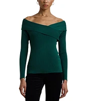 Lauren Ralph Lauren Stretch Cotton Rib-Knit Crisscross Off-The-Shoulder Neck Long Sleeve Slim Fit Top