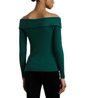 Lauren Ralph Lauren Stretch Cotton Rib-Knit Crisscross Off-The-Shoulder Neck Long Sleeve Slim Fit Top