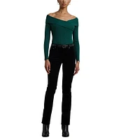 Lauren Ralph Lauren Stretch Cotton Rib-Knit Crisscross Off-The-Shoulder Neck Long Sleeve Slim Fit Top