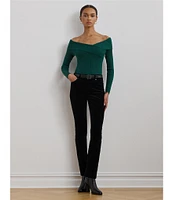 Lauren Ralph Lauren Stretch Cotton Rib-Knit Crisscross Off-The-Shoulder Neck Long Sleeve Slim Fit Top