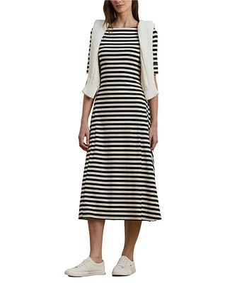 Lauren Ralph Lauren Stretch Cotton Stripe Print Boat Neck Short Sleeve Sheath Midi Dress
