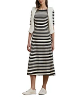 Lauren Ralph Lauren Stretch Cotton Stripe Print Boat Neck Short Sleeve Sheath Midi Dress