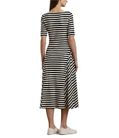 Lauren Ralph Lauren Stretch Cotton Stripe Print Boat Neck Short Sleeve Sheath Midi Dress