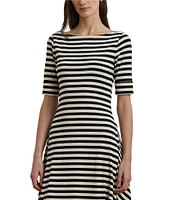 Lauren Ralph Lauren Stretch Cotton Stripe Print Boat Neck Short Sleeve Sheath Midi Dress