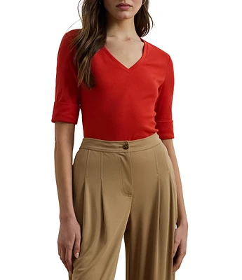Lauren Ralph Lauren Stretch Cotton V-Neck Elbow Sleeve Fitted Tee