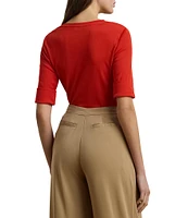 Lauren Ralph Lauren Stretch Cotton V-Neck Elbow Sleeve Fitted Tee