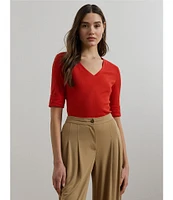 Lauren Ralph Lauren Stretch Cotton V-Neck Elbow Sleeve Fitted Tee