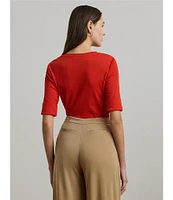 Lauren Ralph Lauren Stretch Cotton V-Neck Elbow Sleeve Fitted Tee