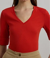 Lauren Ralph Lauren Stretch Cotton V-Neck Elbow Sleeve Fitted Tee