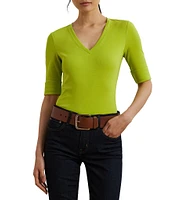 Lauren Ralph Lauren Stretch Cotton V-Neck Elbow Sleeve Tee Shirt