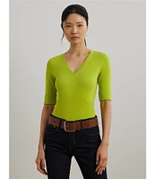 Lauren Ralph Lauren Stretch Cotton V-Neck Elbow Sleeve Tee Shirt