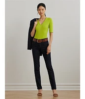 Lauren Ralph Lauren Stretch Cotton V-Neck Elbow Sleeve Tee Shirt