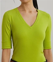Lauren Ralph Lauren Stretch Cotton V-Neck Elbow Sleeve Tee Shirt
