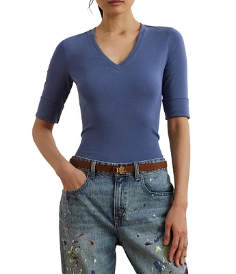 Lauren Ralph Lauren Stretch Cotton V-Neck Elbow Sleeve Tee Shirt