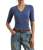 Lauren Ralph Lauren Stretch Cotton V-Neck Elbow Sleeve Tee Shirt