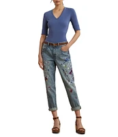 Lauren Ralph Lauren Stretch Cotton V-Neck Elbow Sleeve Tee Shirt