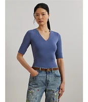 Lauren Ralph Lauren Stretch Cotton V-Neck Elbow Sleeve Tee Shirt