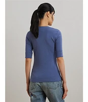Lauren Ralph Lauren Stretch Cotton V-Neck Elbow Sleeve Tee Shirt