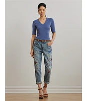 Lauren Ralph Lauren Stretch Cotton V-Neck Elbow Sleeve Tee Shirt
