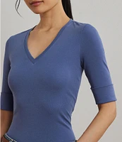 Lauren Ralph Lauren Stretch Cotton V-Neck Elbow Sleeve Tee Shirt