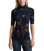 Lauren Ralph Lauren Stretch Jersey Belting Print Turtleneck Elbow Sleeve Top