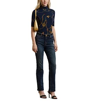 Lauren Ralph Lauren Stretch Jersey Belting Print Turtleneck Elbow Sleeve Top