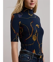 Lauren Ralph Lauren Stretch Jersey Belting Print Turtleneck Elbow Sleeve Top