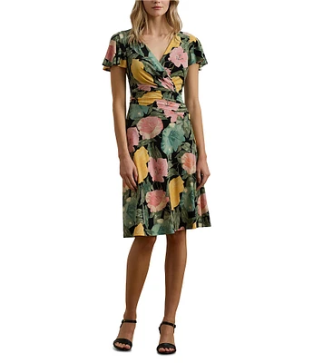 Lauren Ralph Lauren Stretch Jersey Floral Print V Neck Short Sleeve Sheath Knee Length Dress