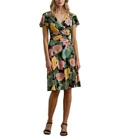 Lauren Ralph Lauren Stretch Jersey Floral Print V Neck Short Sleeve Sheath Knee Length Dress