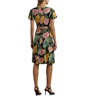 Lauren Ralph Lauren Stretch Jersey Floral Print V Neck Short Sleeve Sheath Knee Length Dress