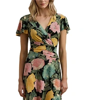 Lauren Ralph Lauren Stretch Jersey Floral Print V Neck Short Sleeve Sheath Knee Length Dress