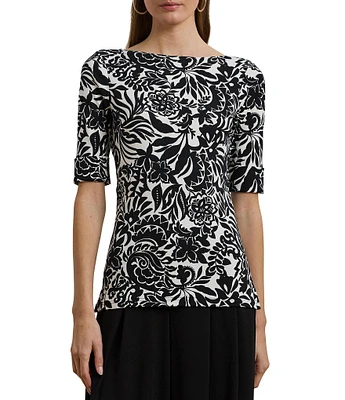 Lauren Ralph Lauren Stretch Knit Embroidered Floral Boat Neck Elbow Sleeve Tee
