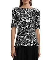 Lauren Ralph Lauren Stretch Knit Embroidered Floral Boat Neck Elbow Sleeve Tee