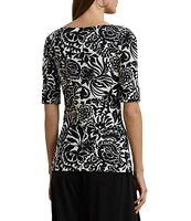Lauren Ralph Lauren Stretch Knit Embroidered Floral Boat Neck Elbow Sleeve Tee